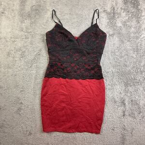 Vintage 90s MYSTIC Womens M Red Black Lace Bodycon Mini Dress Spaghetti Strap